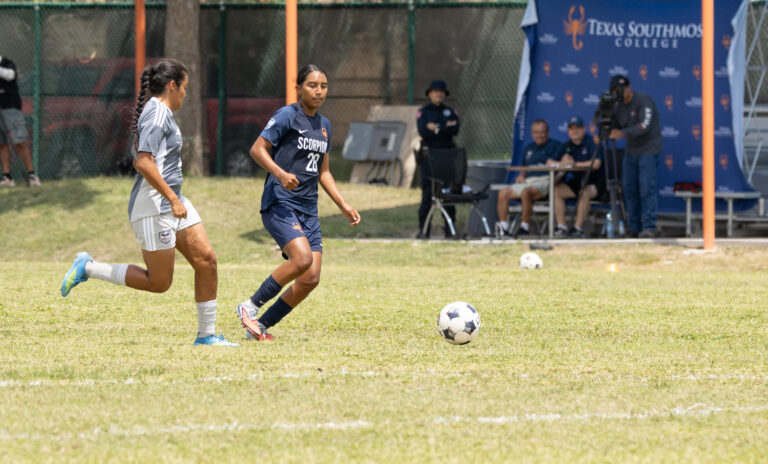 Texas Southmost College’s Abril Martinez (28) advances the ball during the Scorpions’ 2-1 victory over Northeast Texas Community College at TSC Scorpion Soccer Field in Brownsville, Texas. Martinez assisted on both TSC goals.