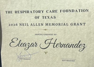 In August 2026, TSC Respiratory Care Science student Eleazar Hernandez received the 2026 Neil Allen Memorial Grant, a $3,500 award presented by the Respiratory Care Foundation of Texas. Hernandez was recognized for his academic and research achievements in respiratory care.