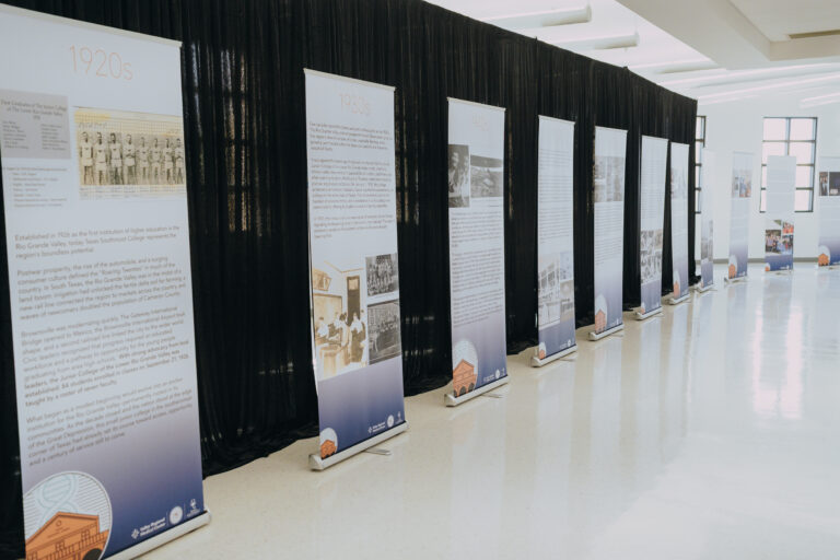 An exhibit highlighting key moments in Texas Southmost College's history is displayed during Generations Day on Sept. 14, 2026, at the Oliveira Student Services Center.