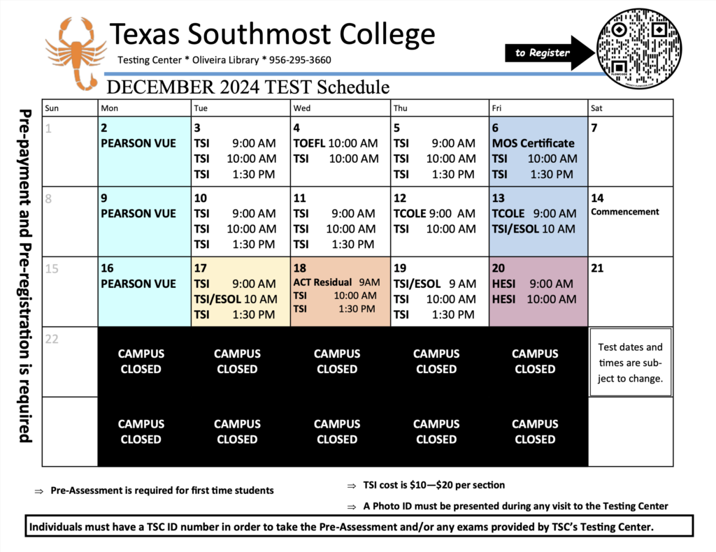 Free December Testing Testing Center - Texas Southmost College