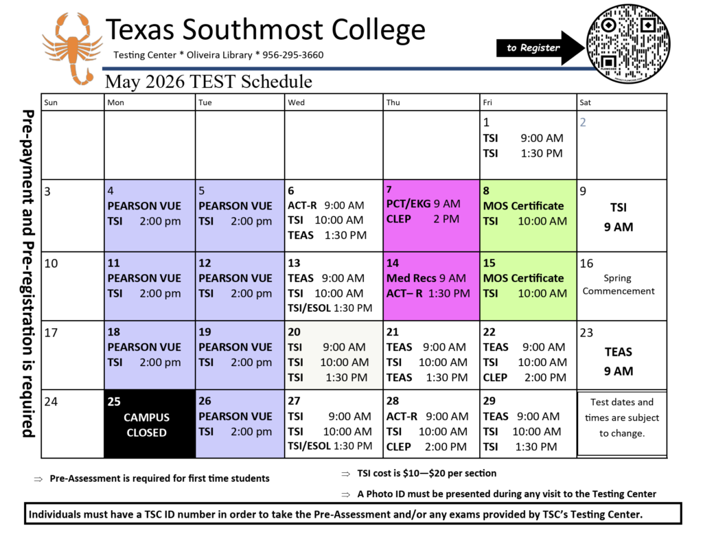 May 2026 Testing Calendar