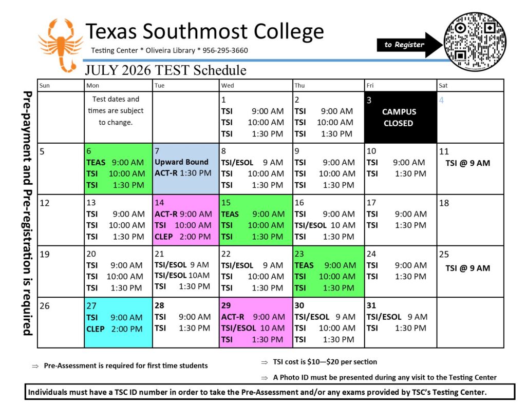 June & July Testing Calendar