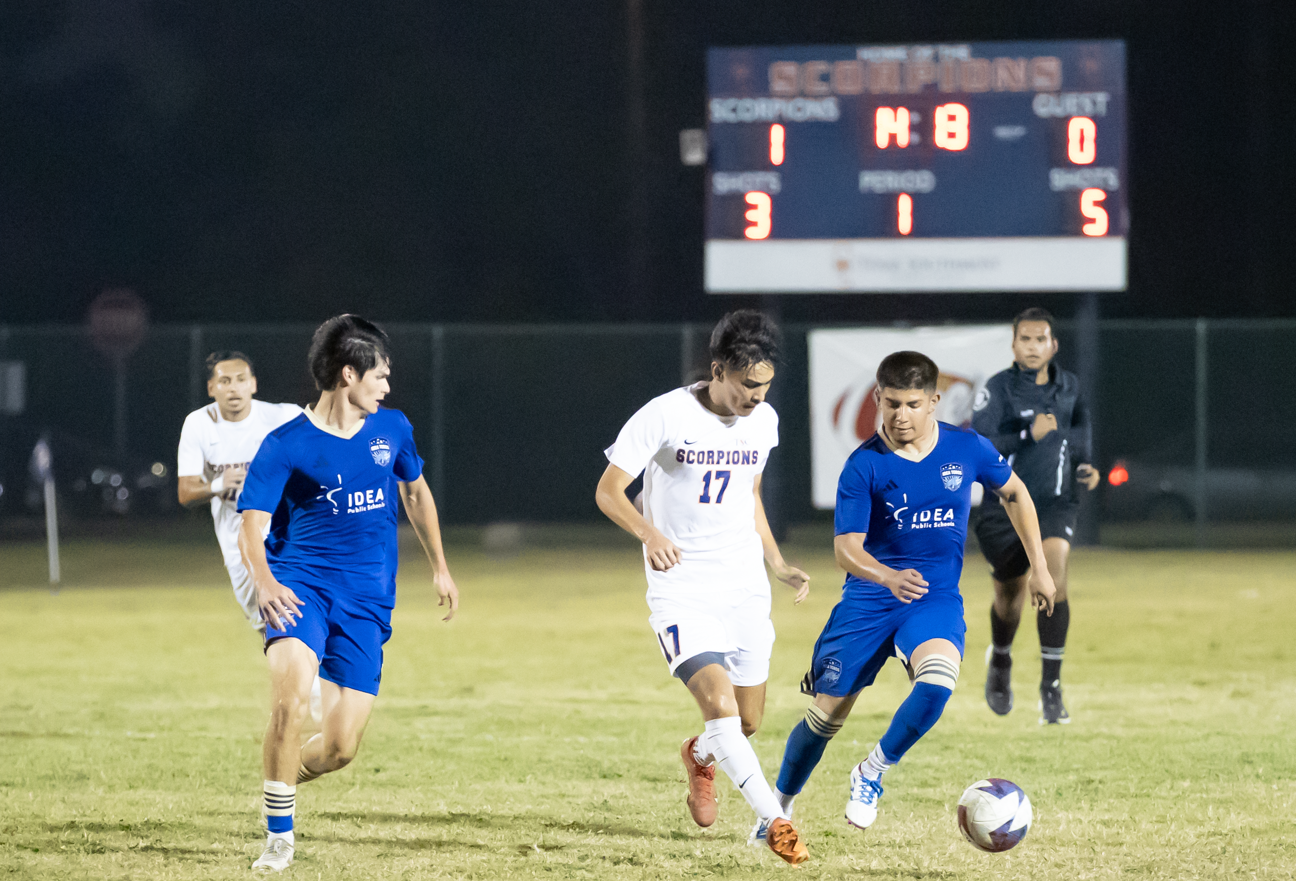 Texas Southmost College and IDEA Toros face off in a competitive friendly scrimmage at TSC Scorpion Field on Wednesday, March 13, 2025. The Scorpions secured the win with a decisive second-half free kick. TSC midfielder Martin Gonzalez (#41) scores the winning goal on a free kick during the second half of a scrimmage.
