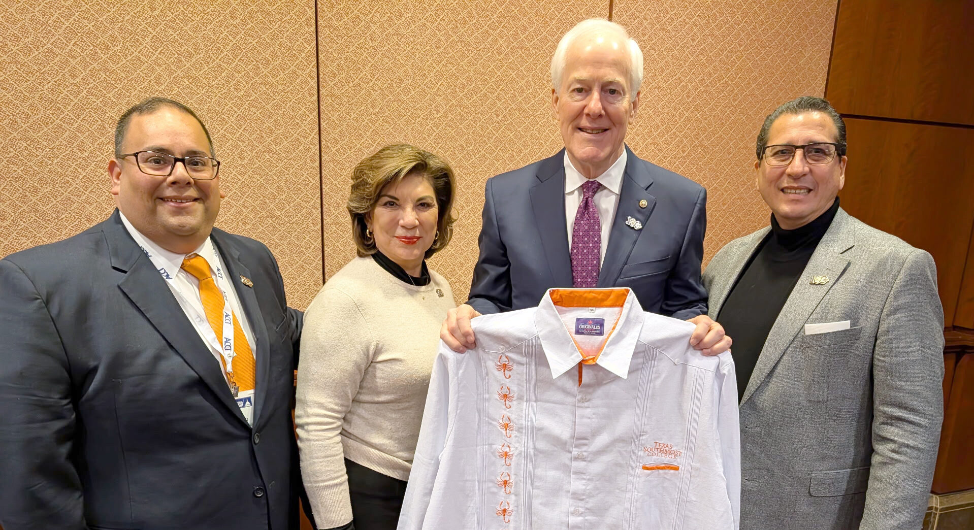 Senator John Cornyn posing for a photo with TSC President Dr. Jesus Rodriguez, TSC Board of Trustees Chairwoman Adela Garza and TSC Board Trustee Edward Camarillo in Washington D.C.