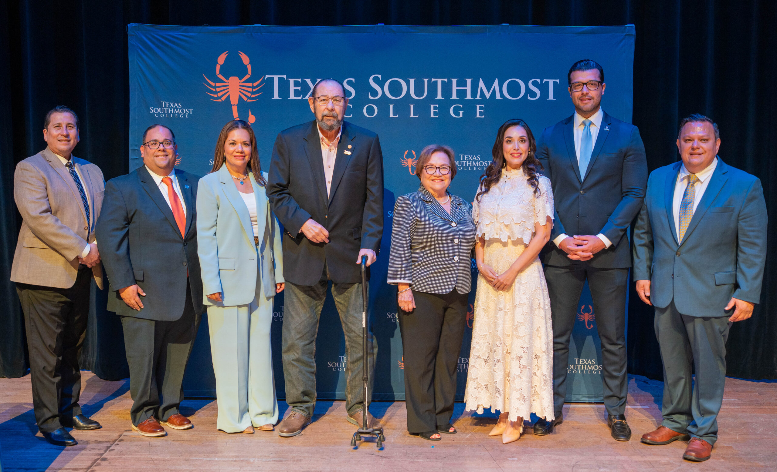 Texas Southmost College President Dr. Jesús Roberto Rodríguez poses with the Board of Trustees during a special meeting held June 22, 2026.