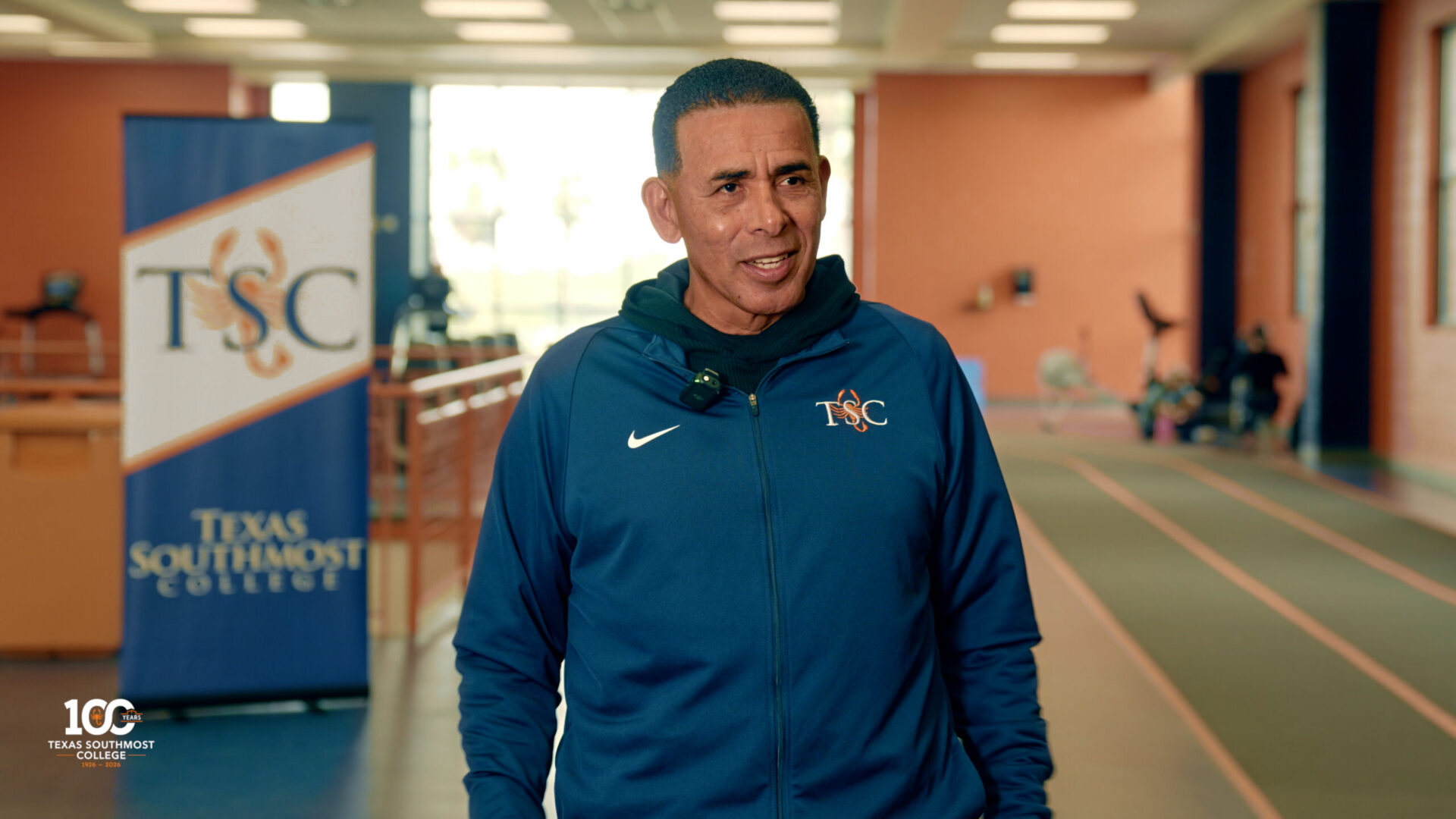 TSC Cross Country Head Coach Basilio Mendoza speaks during an interview previewing the 2026 NJCAA Region Championships, which Texas Southmost College will host Oct. 31 at Brownsville Sports Park.